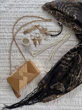 Vintage Inspired Gatsby Flapper Accessories Set Gold Black Pearl 1920s Art Deco